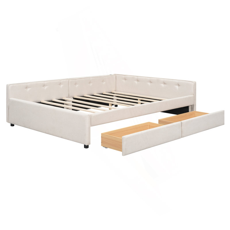Queen Size Upholstered Platform Bed With USB And 2 Drawers, Beige