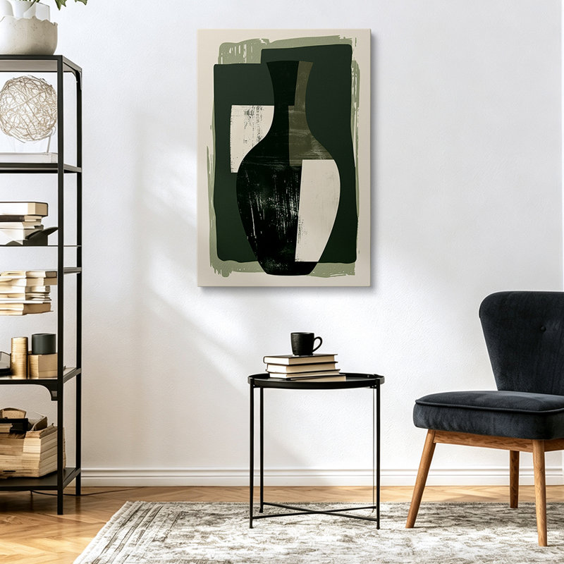 Tableau abstrait vert foncé sur toile, style minimaliste moderne du milieu du siècle, 40 x 28 pouces - Décoration de salon