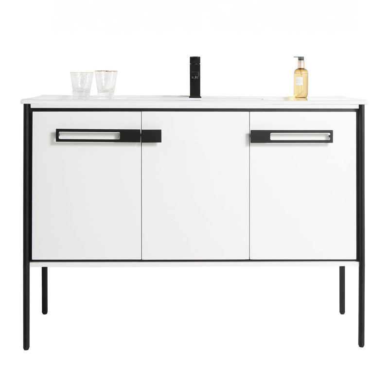 48" Single Bathroom Vanity, White Matte, Matte Black