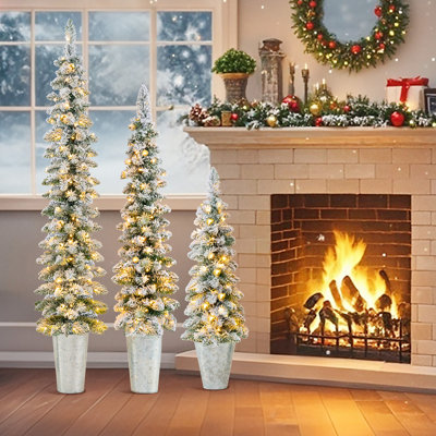 The Holiday Aisle® Set of 3 Pre-Lit Snow Flocked Artificial Christmas Trees 3 4 5 FT Slim Pencil Potted Xmas Tree