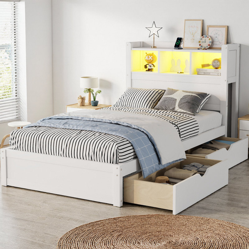 Lit plateforme avec 2 tiroirs et éclairage à DEL, lit de rangement en bois avec tablettes de tête de lit et armoire coulissante, rangement réglable, aucun sommier requis
