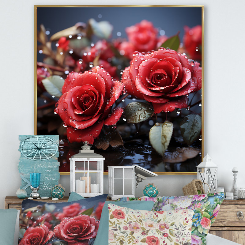 «Crimson Rose Passion III», reproduction sur toile, H 30 po x l 30 po x P 1 po, Cadre flottant doré