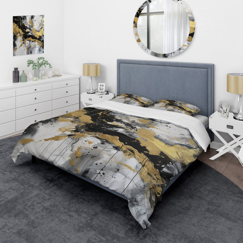 River Happiness Abstract Gold Black White I - Abstract Painting Duvet Cover Set, King Duvet Cover + 2 King Shams