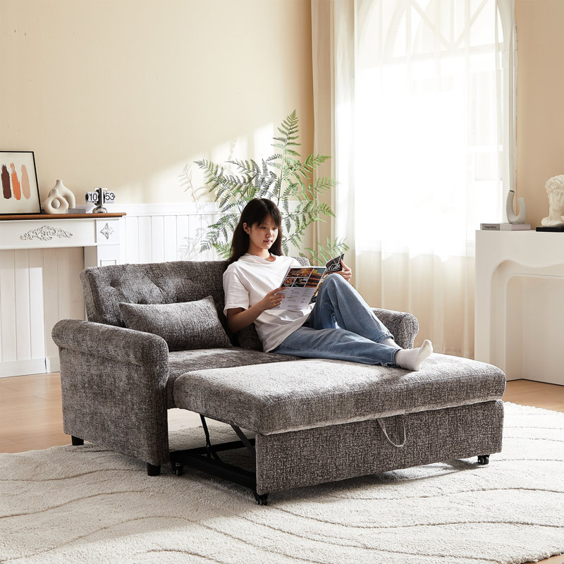 Full Size Bed, Linen Upholstery, Extra Heavy Duty Frame Convertible Chair 2 Seat Design, Practical Storage Solution
