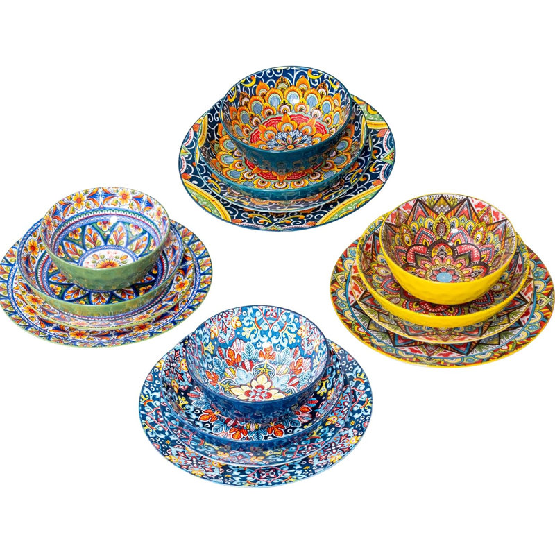 Service de vaisselle 16 pièces, assiettes et bols Boho Style, Bleu / Vert / Jaune