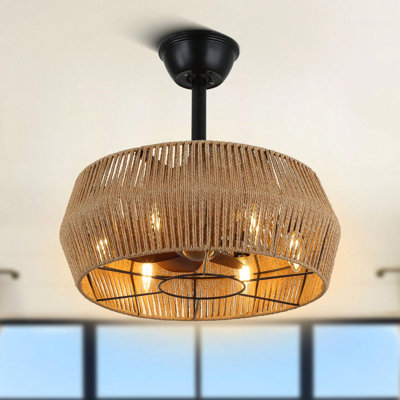 Ventilateur de plafond en cage en rotin 6 lumières 18 pouces avec télécommande Boho