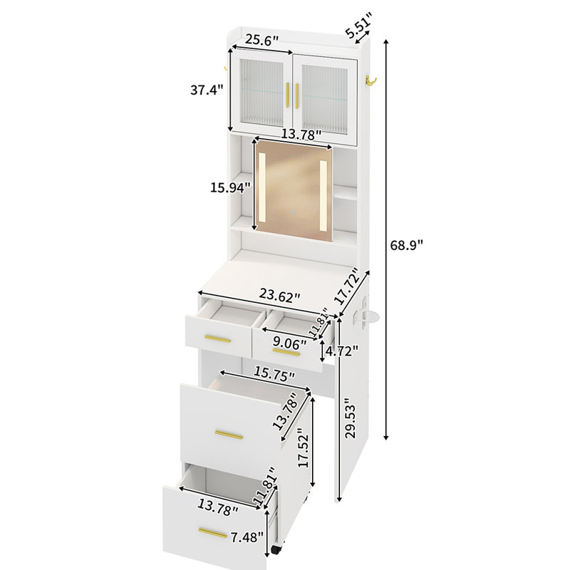 Petit bureau de meuble-lavabo avec miroir coulissant et lumières DEL, Doré, Blanc