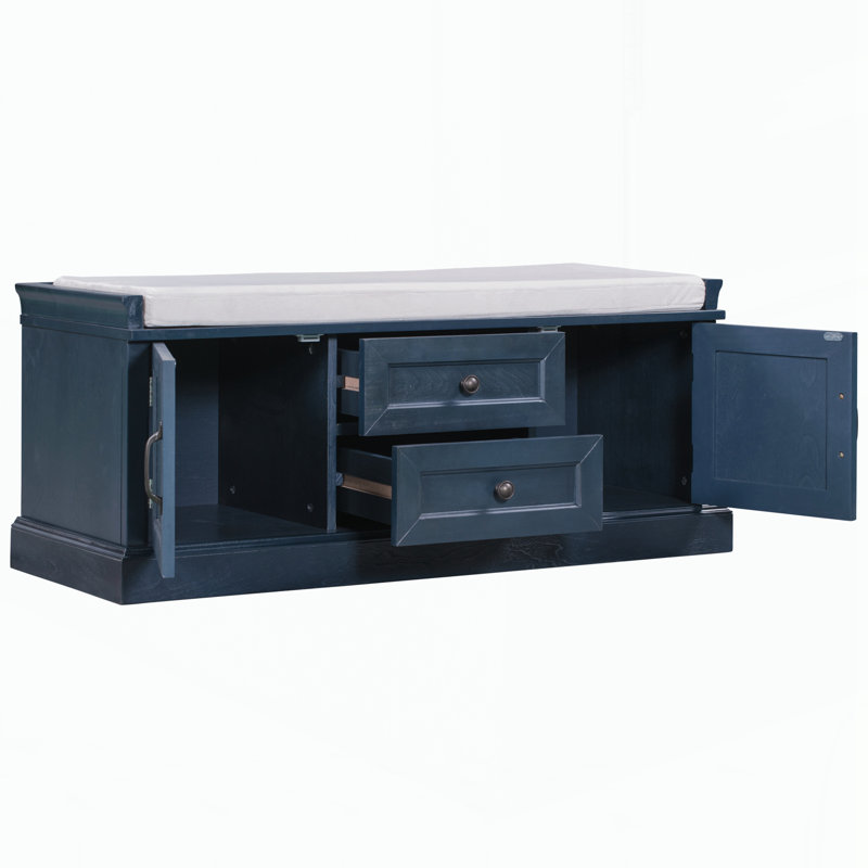 Banc de rangement avec 2 tiroirs et 2 armoires, banc à chaussures avec coussin amovible, Antique Navy