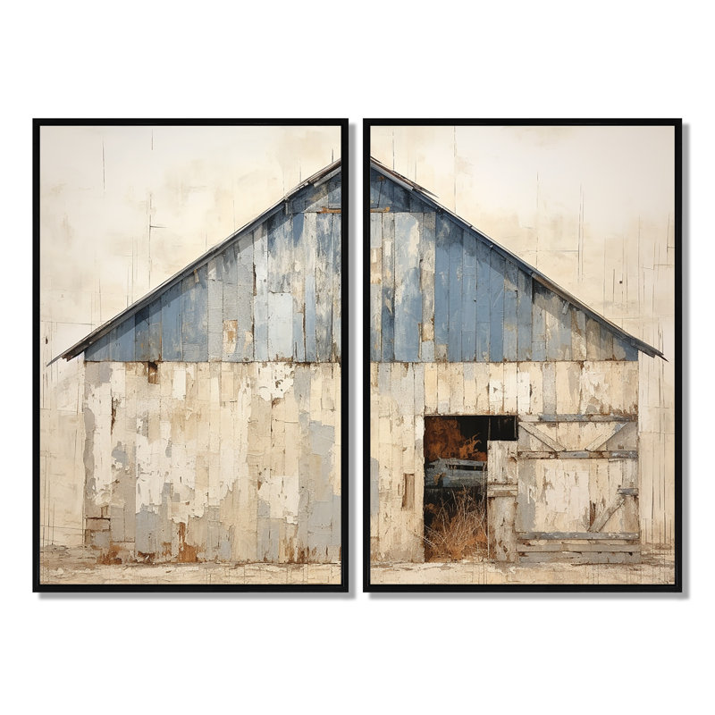 Beige et bleu grange - décoration murale bleue 2 panneaux, 36" H x 48" W, Impression encadrée flottante, Black