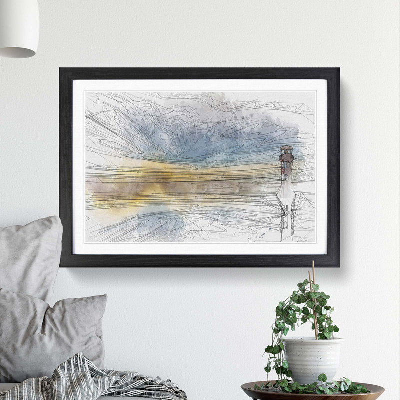 Lighthouse & Seascape During Sunset in Abstract - Picture Frame Graphic Art Print, 27cm H x 36cm W x 2cm D, Black Framed
