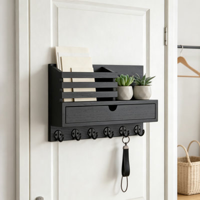 Porte-clés mural avec fente pour organisateur de courrier et tiroir de rangement, porte d'entrée pour manteau et porte d'entrée, accessoires de maison en bois, 6 crochets robustes