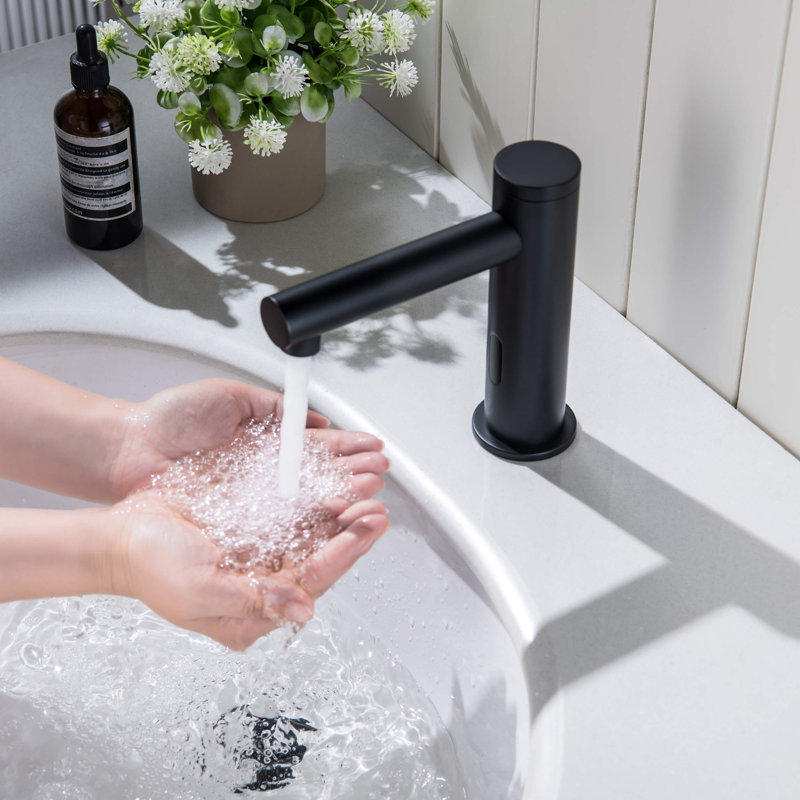 Robinet de salle de bain circulaire sans contact avec bonde escamotable - à brancher ou à piles, Noir mat