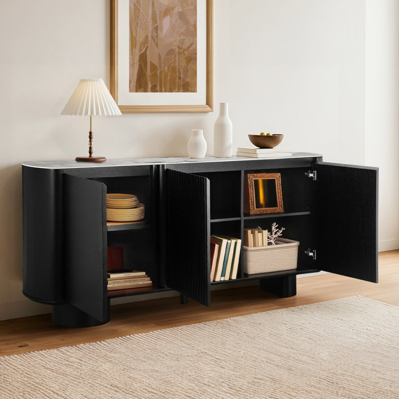 Walther 71" Modern Black Oak 3-Door Fluted Sideboard with Adjustable Storage and Ceramic Top