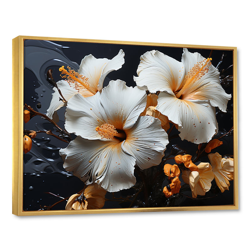 «Hibiscus Orange Blossums» sur toile, Cadre flottant doré, H 24 po x l 32 po x P 1 po