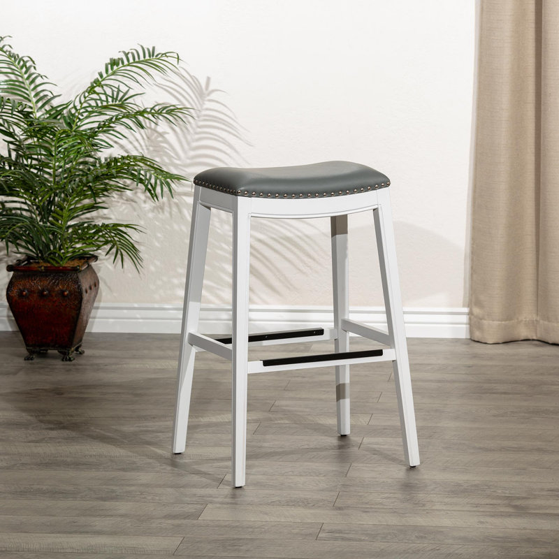 30" Bar Height Saddle Stool, White Finish, Gray Leather Seat, Gray/White