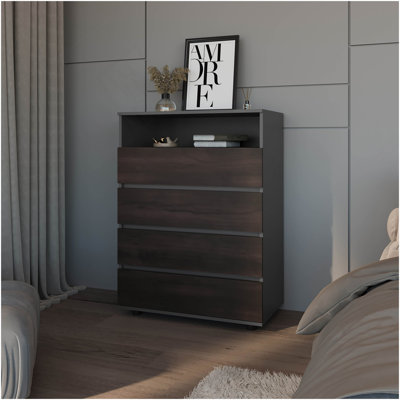 Commode 4 tiroirs en noyer teinté avec tablette ouverte