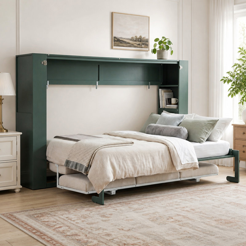 Lit escamotable avec canapé intégré, comprenant quatre tablettes de rangement intégrées et une station de chargement USB pratique pour gagner de la place.