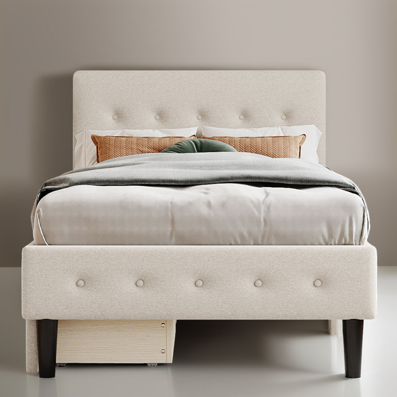 Structure de lit simple tapissier avec 2 tiroirs, Beige