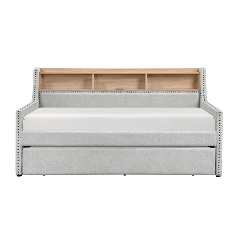 1Pc Light Gray Daybed With Pull-Out Trundle Bookcase Side Panel Charging Ports Nailhead Trim Modern Design Furniture