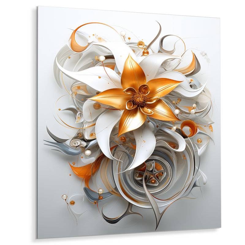 Fleur dorée dorée - salon d'art mural floral moderne, Métal métal, H 20 po x l 12 po x P 1 po