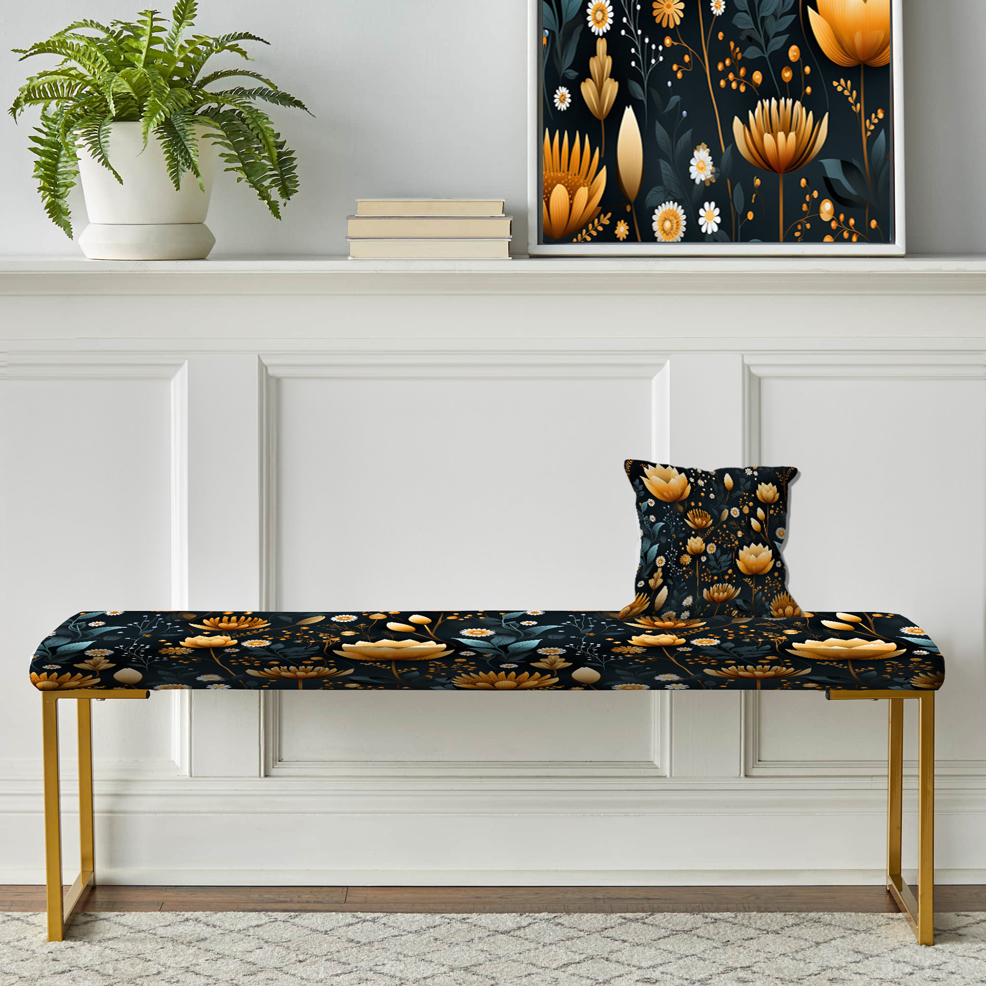 Design Art Orange Boho Chic Floral Pattern - Floral Upholstered Gold ...