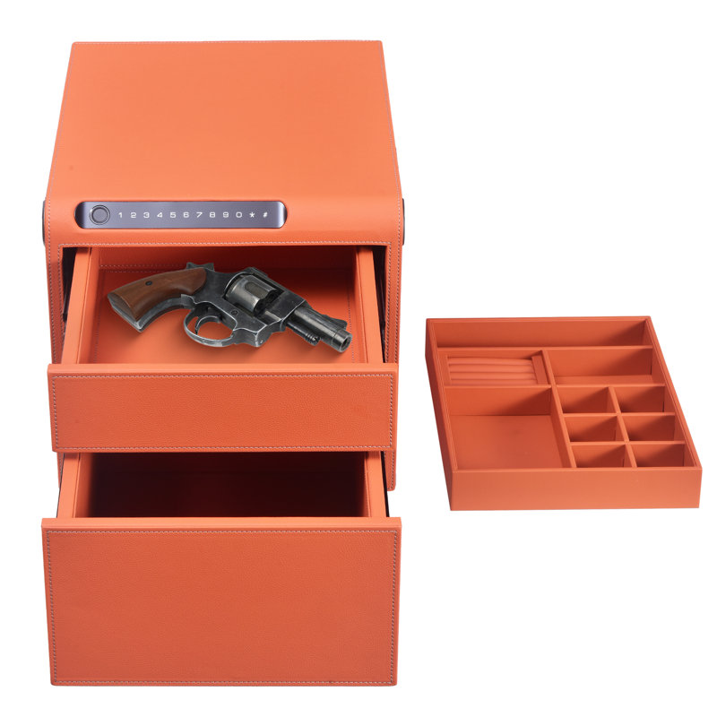 Coffre-fort à bijoux biométrique à empreinte digitale pour la maison, Cuir orange, H 6,1 po x l 18,3 po x P 15,3 po
