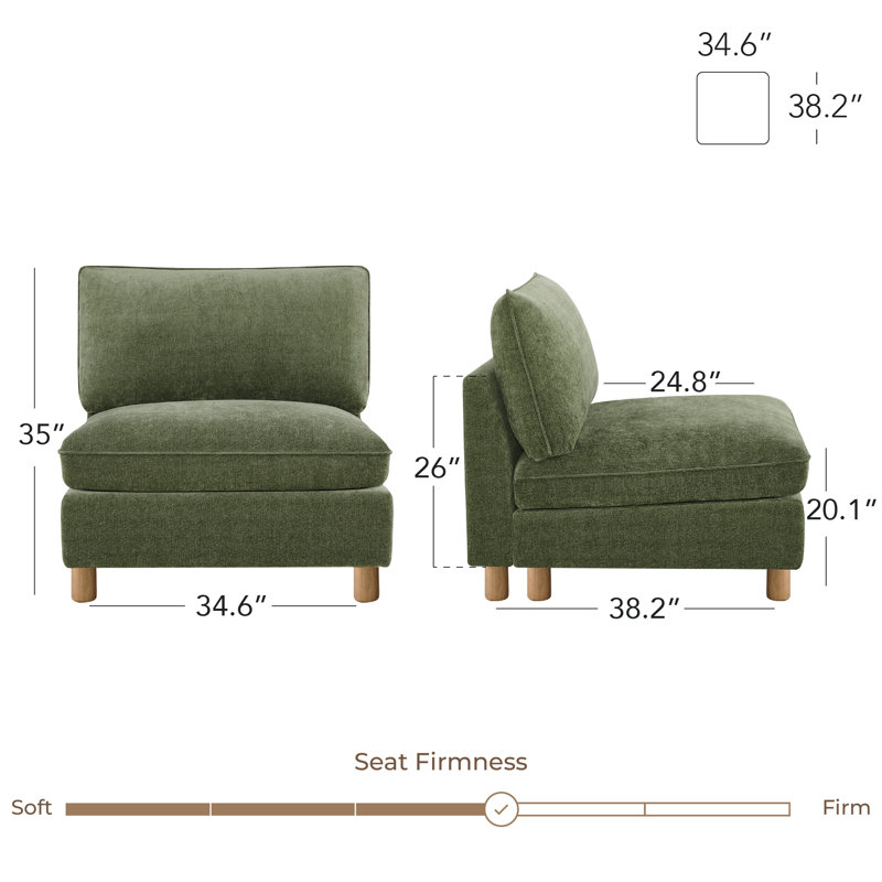Solena 34.6" W Comfy Upholstered Armless Chair With Solid Wood Base, Green