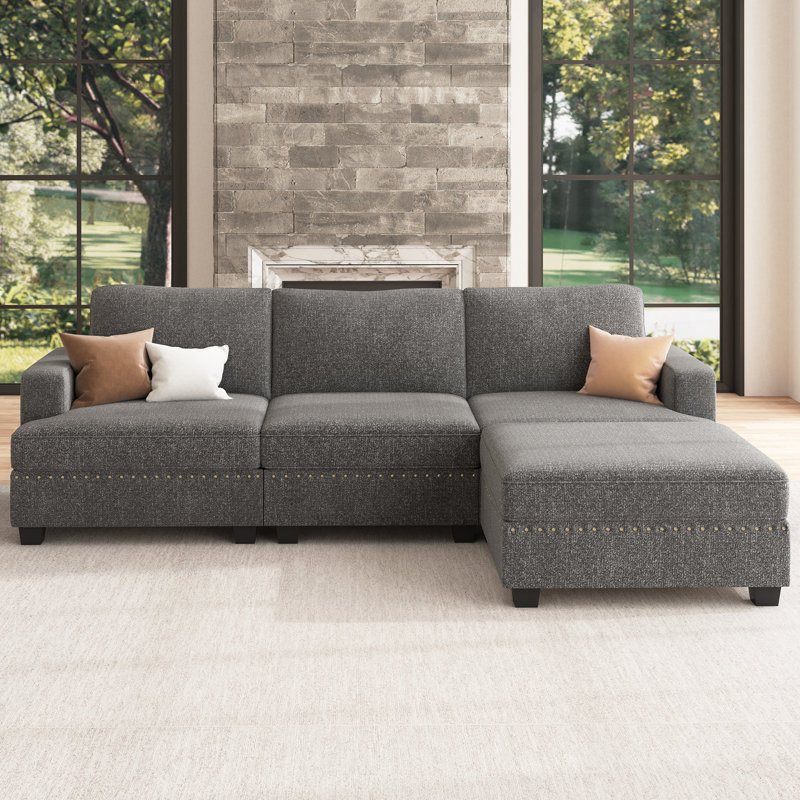 Canapé modulaire en L à 3 places avec méridienne Anureet, Polyester gris clair