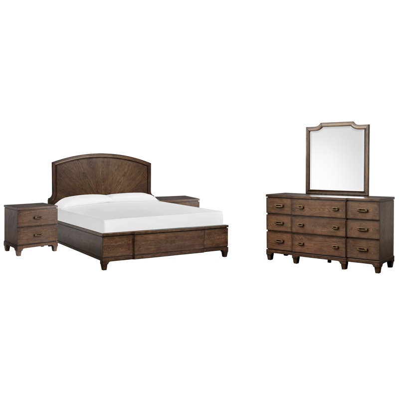 Très grand lit à panneau Galbraith avec tables de chevet et commode avec miroir, Très grand