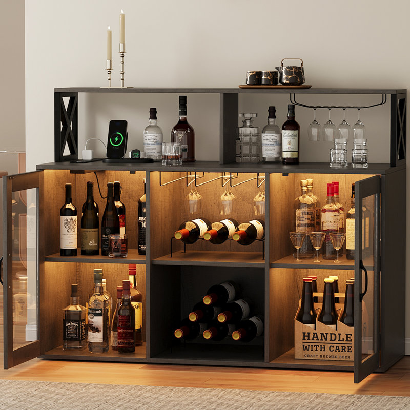 Meuble bar à vin moderne avec éclairage DEL et prises électriques – Buffet indépendant avec casier à vin, porte-verres et grand espace de rangement – ​​Idéal pour la salle à manger, la cuisine ou le salon