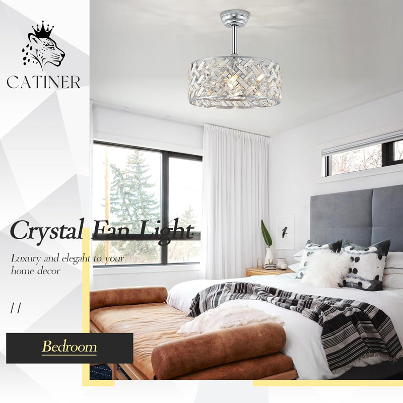 Chrome Crystal Caged Ceiling Fans With Light, 18" Bladeless Ceiling Fan With Remote Control, 6 Speed Enclosed Ceiling Fan With Reversible Motor For Bedroom Kitchen Living Room
