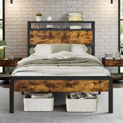Tryston Bed Frame Industrial Platform Bed with Charging Station