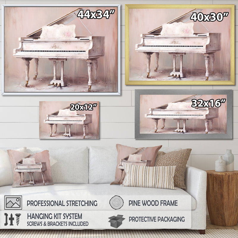 «Pink Pastel Piano Play V», reproduction sur toile, Cadre flottant noir, H 24 po x l 32 po x P 1 po
