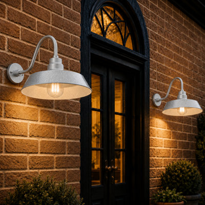 14in. Galvanized Finish Outdoor Gooseneck Barn Light Fixture with 14.5 in. Long Extension Arm - Wall Sconce Farmhouse, Antique Style - UL Listed - 9W 900lm A19 LED Bulb (5000K Cool White) - 2-Pack