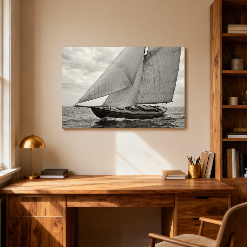 Voilier tendance sur l'océan avec des voiles pleines, H 28 po x l 40 po