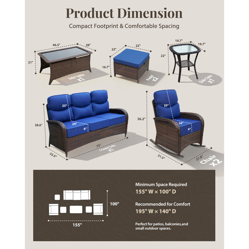 Luxury Patio Furniture Set with 6" Thick Cushions, High Back Outdoor Rocking Chairs, Ottomans and 3-seat Couch, 7 Pieces All Weather Conversation Set for Porch Deck Poolside Yard (Blue)