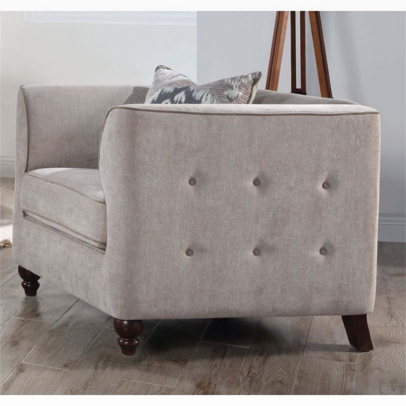 Fauteuil capitonné large brun clair Arreona, Velours beige