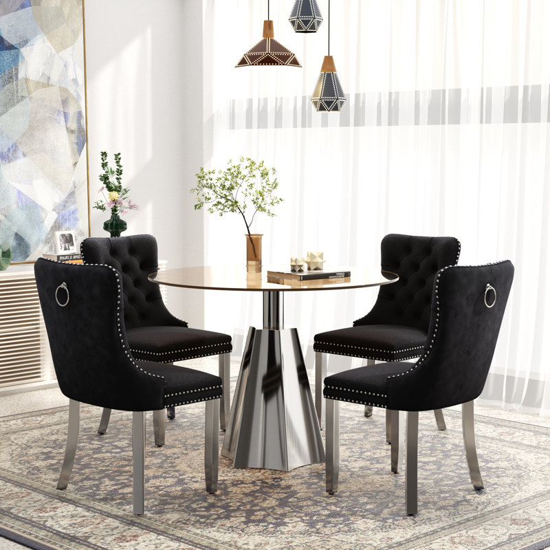 Ensemble de table de salle à manger moderne avec plateau de table en velours capitonné, 5 pièces: table, 4 chaises, Noir