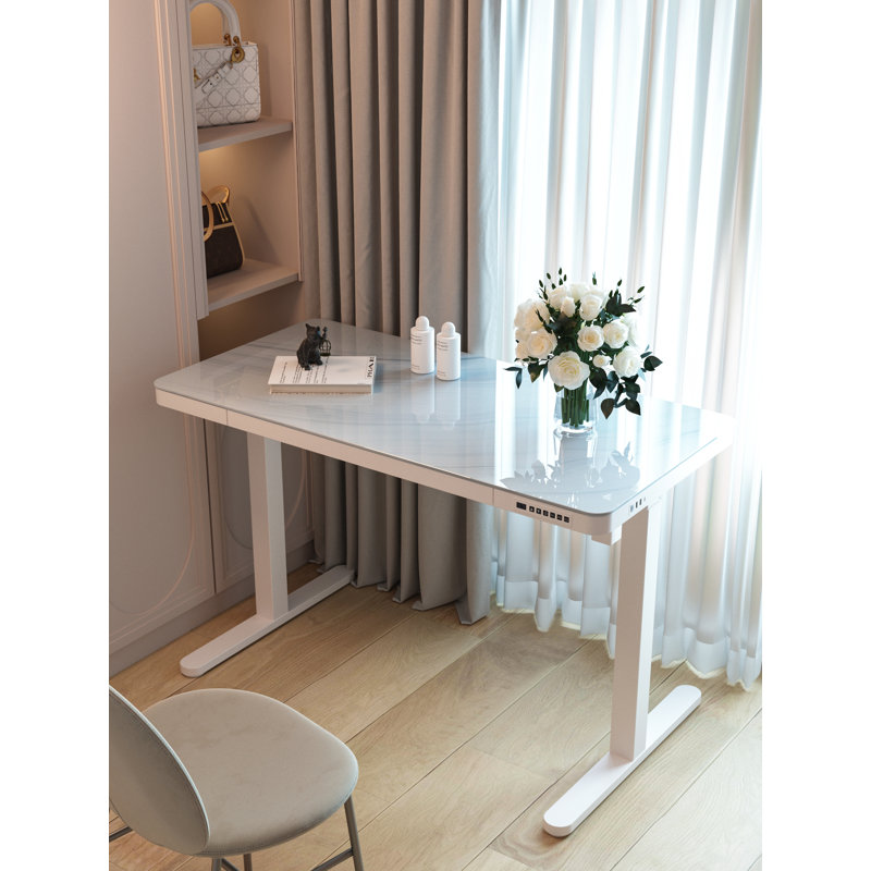 Alouette 120cm W Marble Glass Height Adjustable Standing Desk, Marble White/White