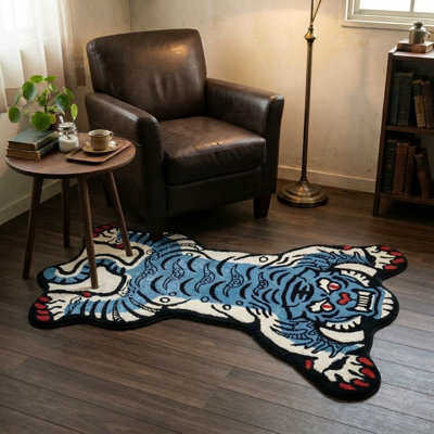 Tapis d'intérieur 70 x 110 cm à motif tigre tibétain, lavable à la machine, avec envers antidérapant en TPR - Décoration pour chambre, salle de bain, salon et salle à manger, bleu