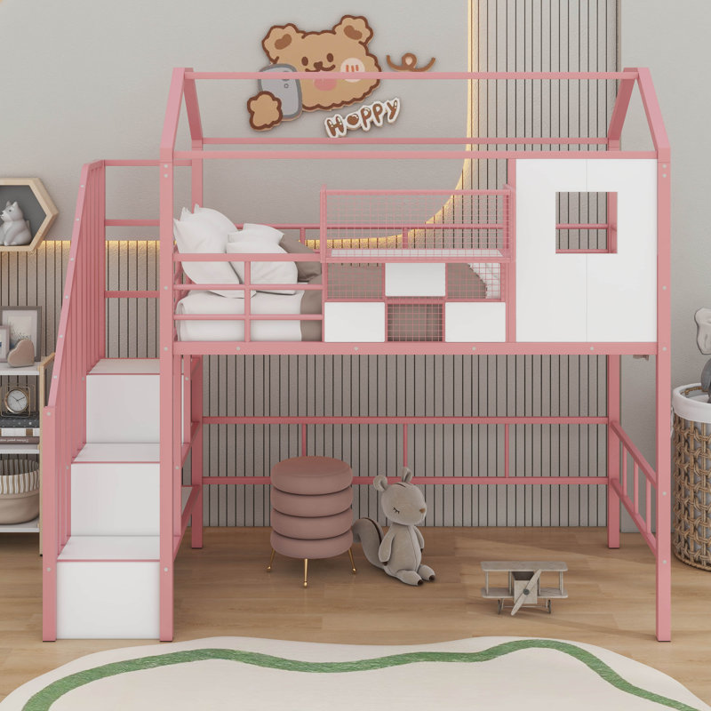 Twin Metal Loft Bed With Roof, Pink