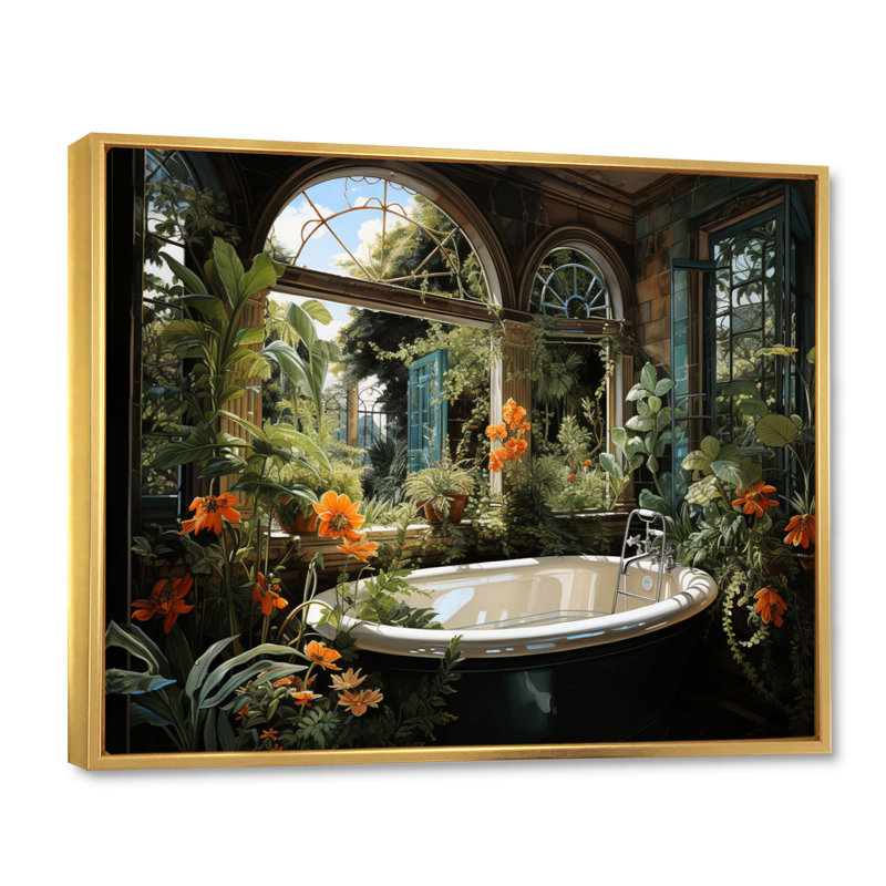 «Bathroom Botanical Retreat II», reproduction, Cadre flottant doré, H 12 po x l 20 po x P 1 po