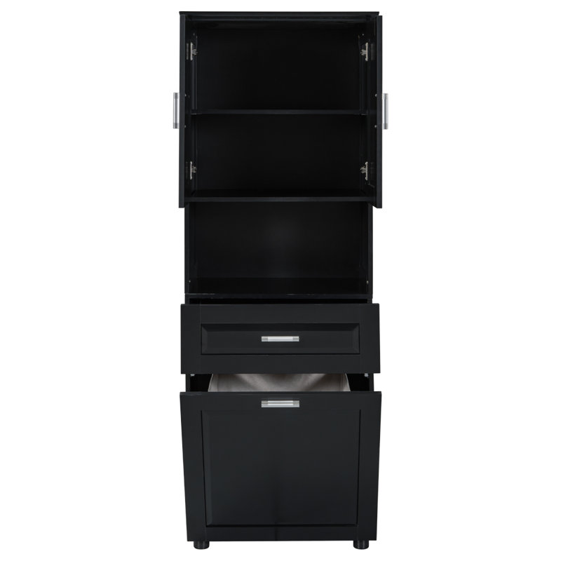 Tall Bathroom Cabinet with Laundry Basket, Black