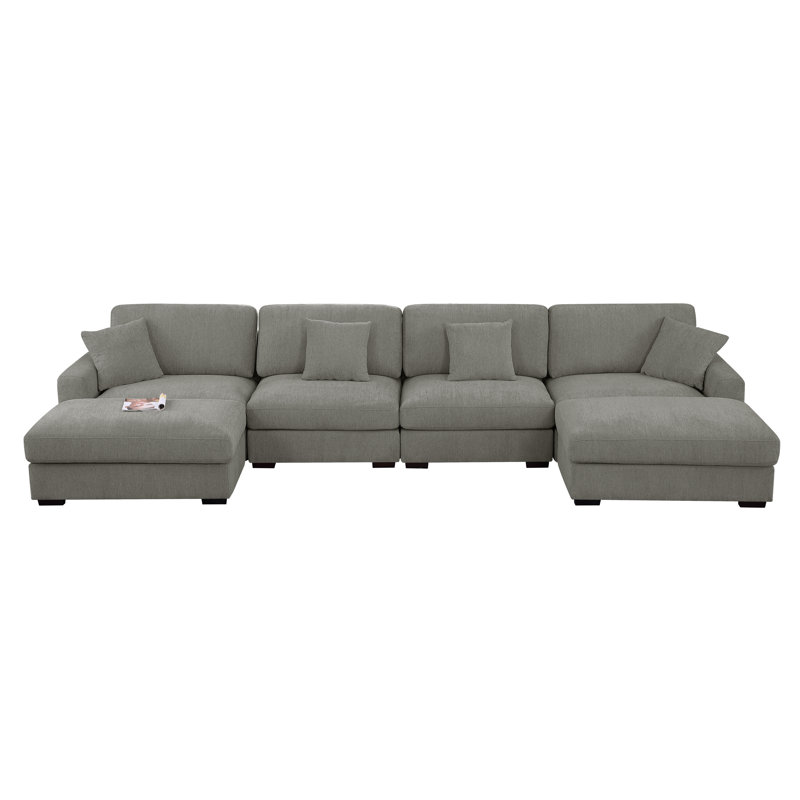 Canapé modulaire en U avec deux grands repose-pieds Chenille, Gris chenille