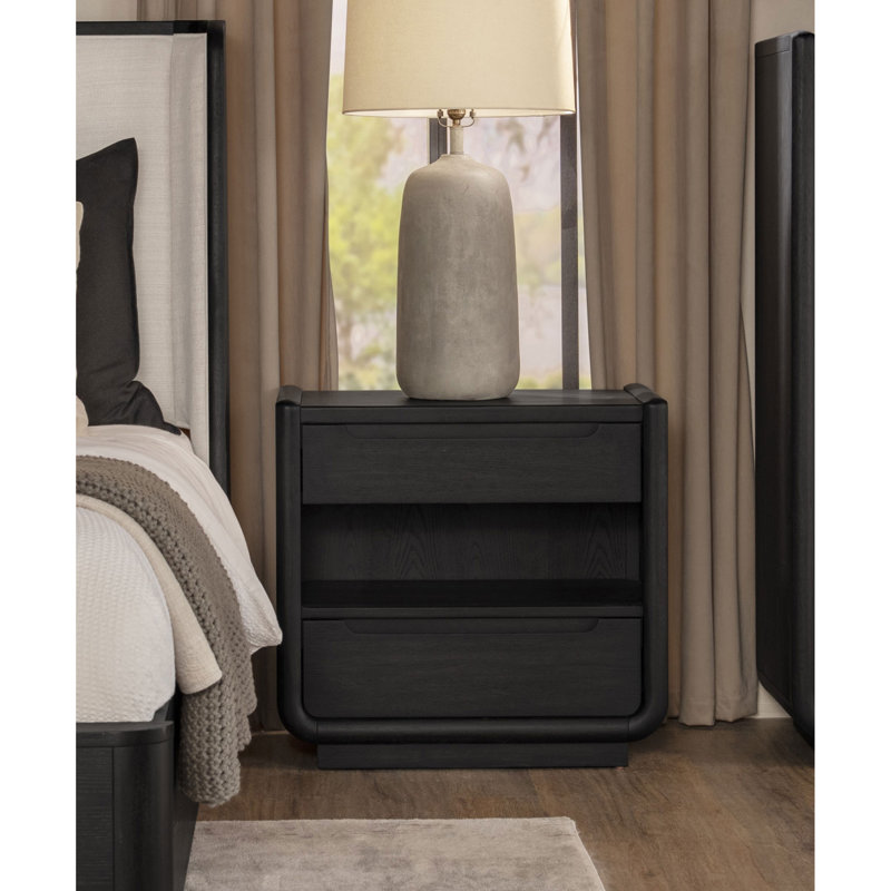 Table de chevet à deux tiroirs en placage de bois de frêne noir bruni avec étagère ouverte à DEL encastrée à double port USB A USB C