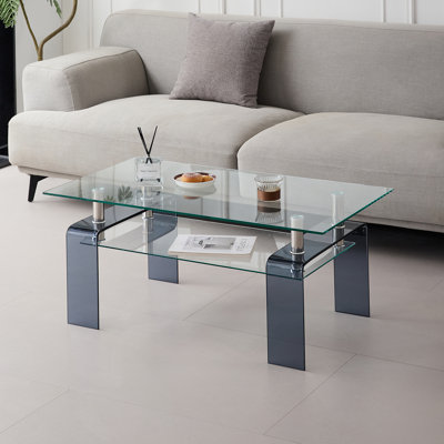 Tempered Glass Coffee Table, Modern Glass Coffee Table for Living Room, 2-Tier Storage Center Coffee Table with Legs