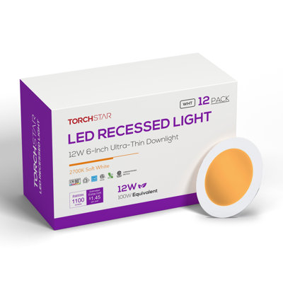 Spot encastré à DEL de 6 po et 12 W (équivalent de 100 W), dimmable, sans boîtier, avec boîte de jonction, homologué IC, blanc chaud 2 700 K