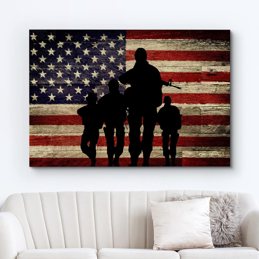 Country Flag " Silhouette Of American Soldiers With Flag On Wood " IDEA4WALL 