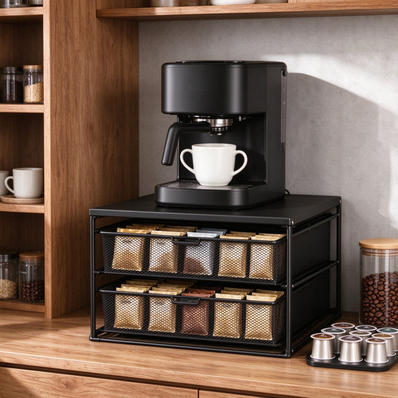 Coffee Bar Organizer for Countertop with K Cup Holder and Sliding Drawer, Keurig Coffee Pod Storage Station Accessories, Compact K Cup Organizer for Small Space, Durable Metal Frame with Wood Top