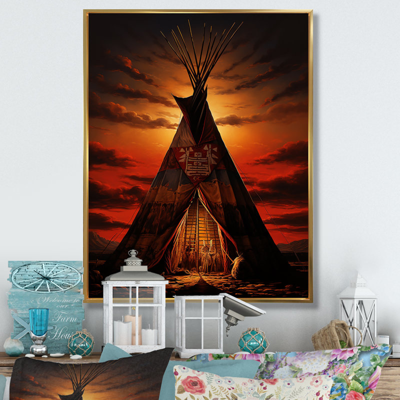 Tipi orange natif embrassant la tradition III - impression, H 20 po x l 12 po x P 1 po, Cadre flottant doré